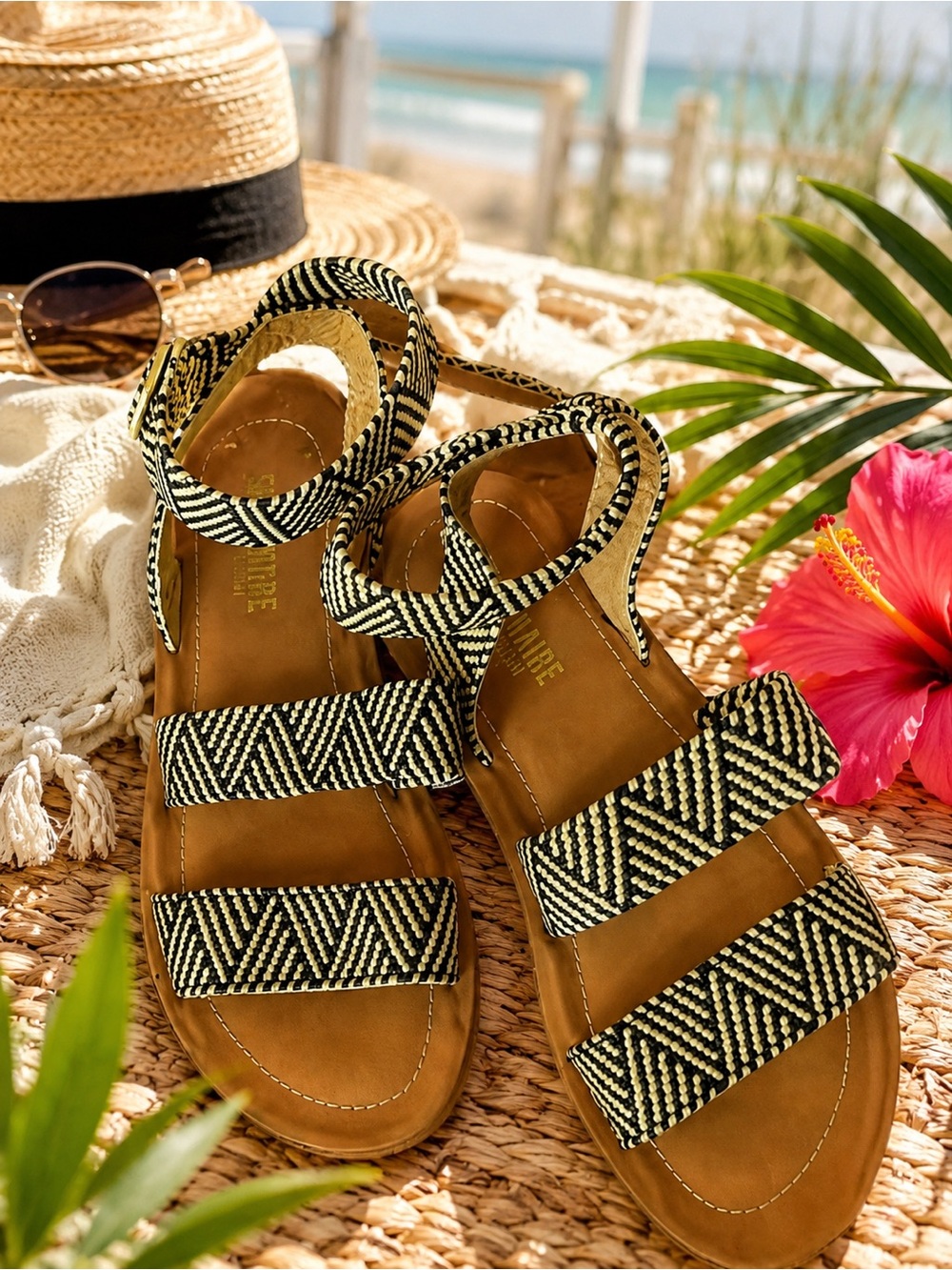Woven Black & White Strappy Women's Sandals